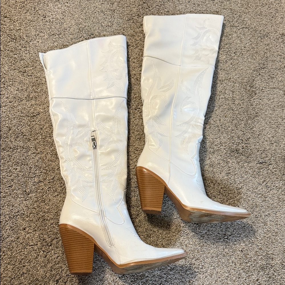 White Heeled Over the Knee Cowboy Boots